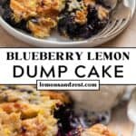 Blueberry lemon dump cake recipe served on white plate with lemon slices and vanilla ice cream.