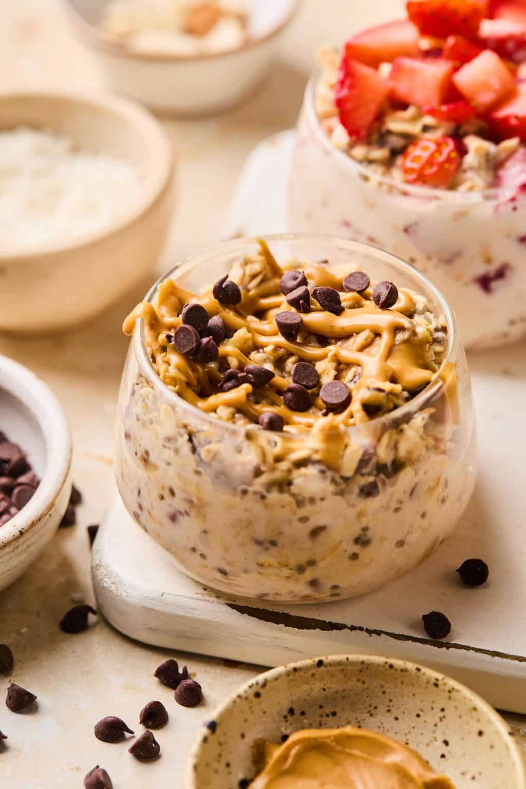 Peanut butter chocolate overnight oats topped with chocolate chips.