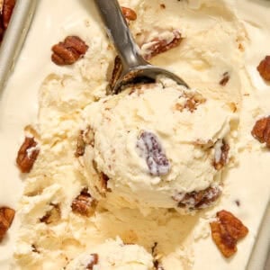 Scoop of butter pecan ice cream in ice cream scoop.