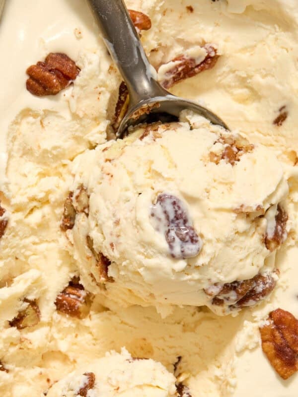 Scoop of butter pecan ice cream in ice cream scoop.