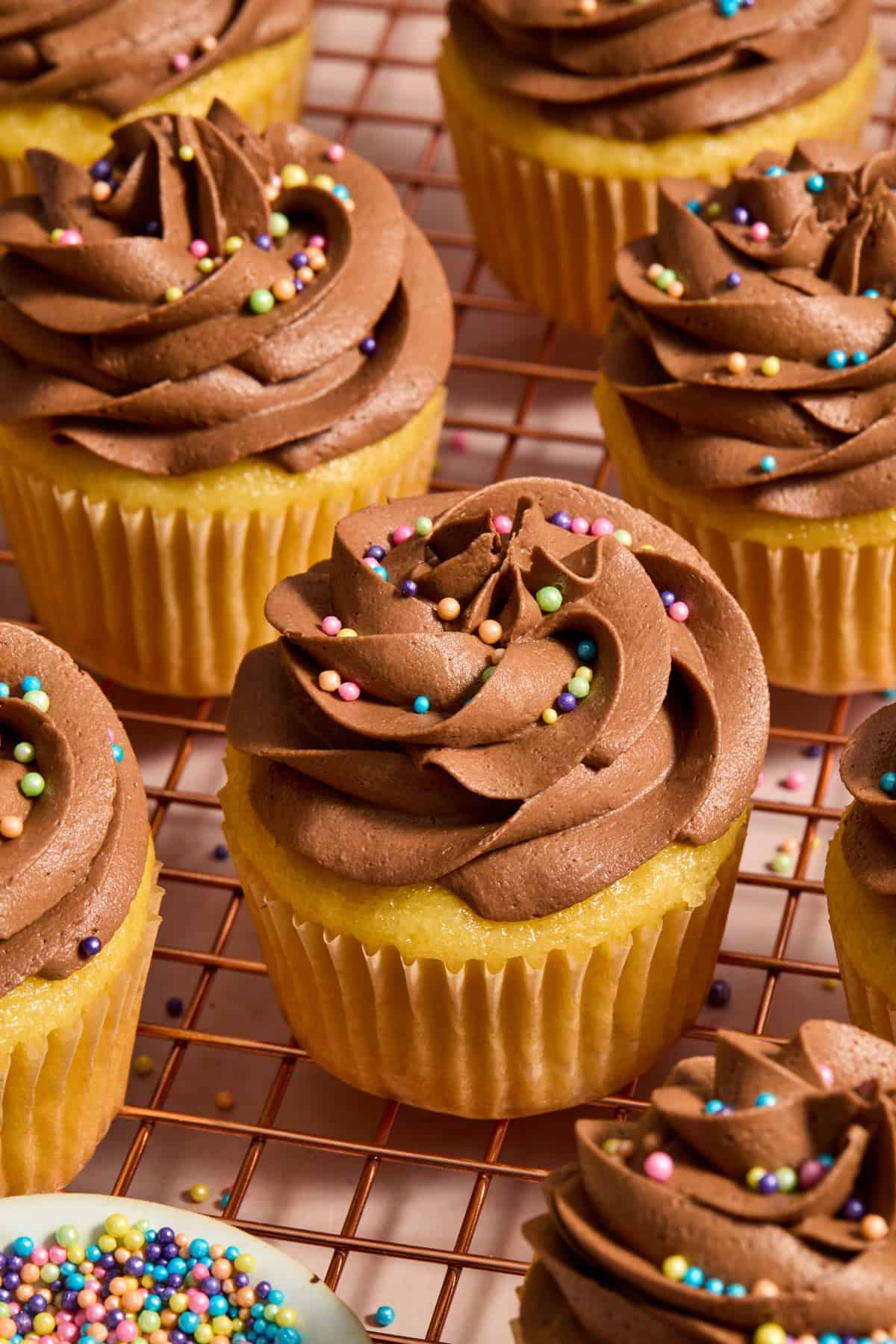 Box cake vanilla cupcakes with chocolate buttercream frosting and sprinkles.