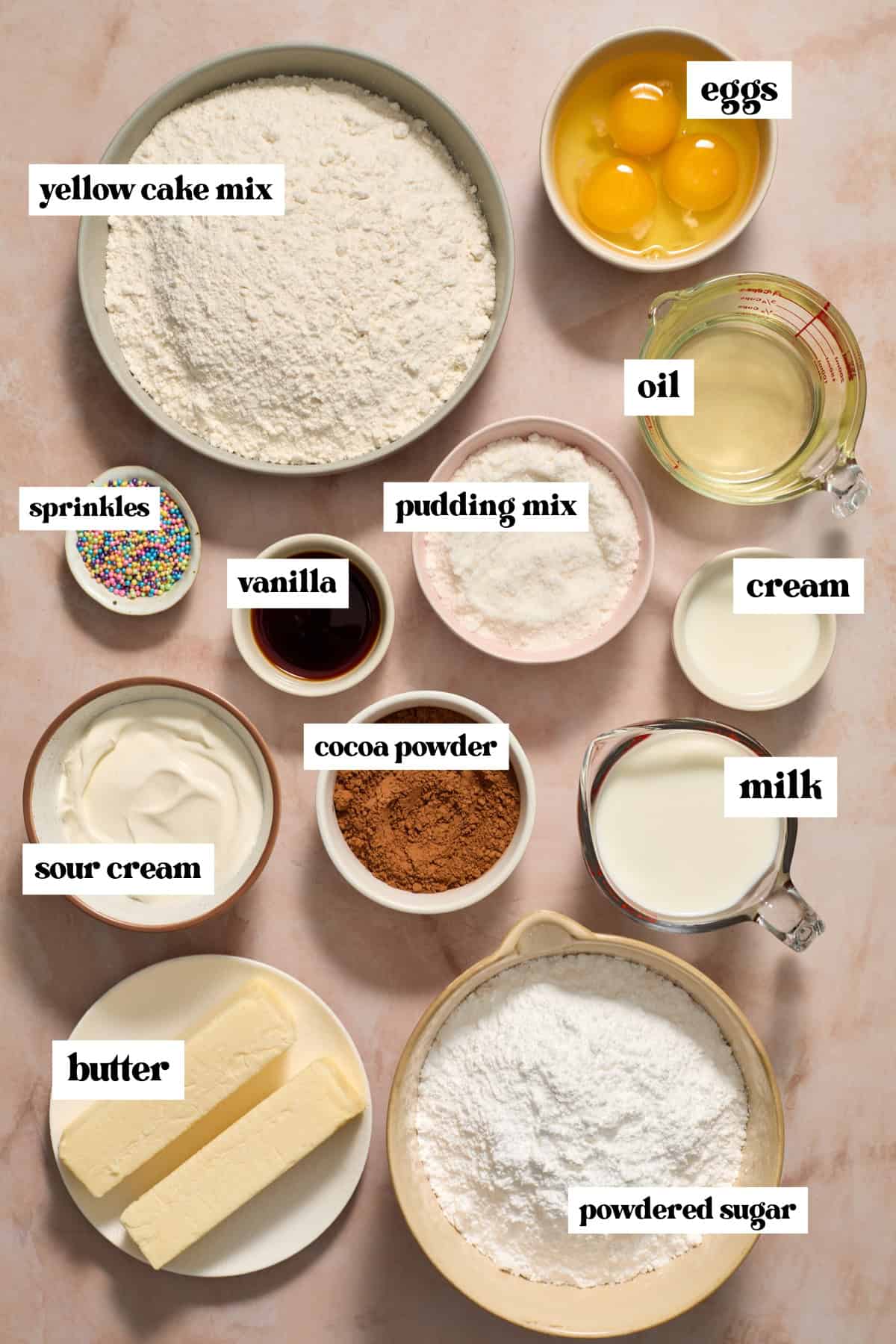 Eggs, butter, pudding mix and other ingredients labeled on surface.