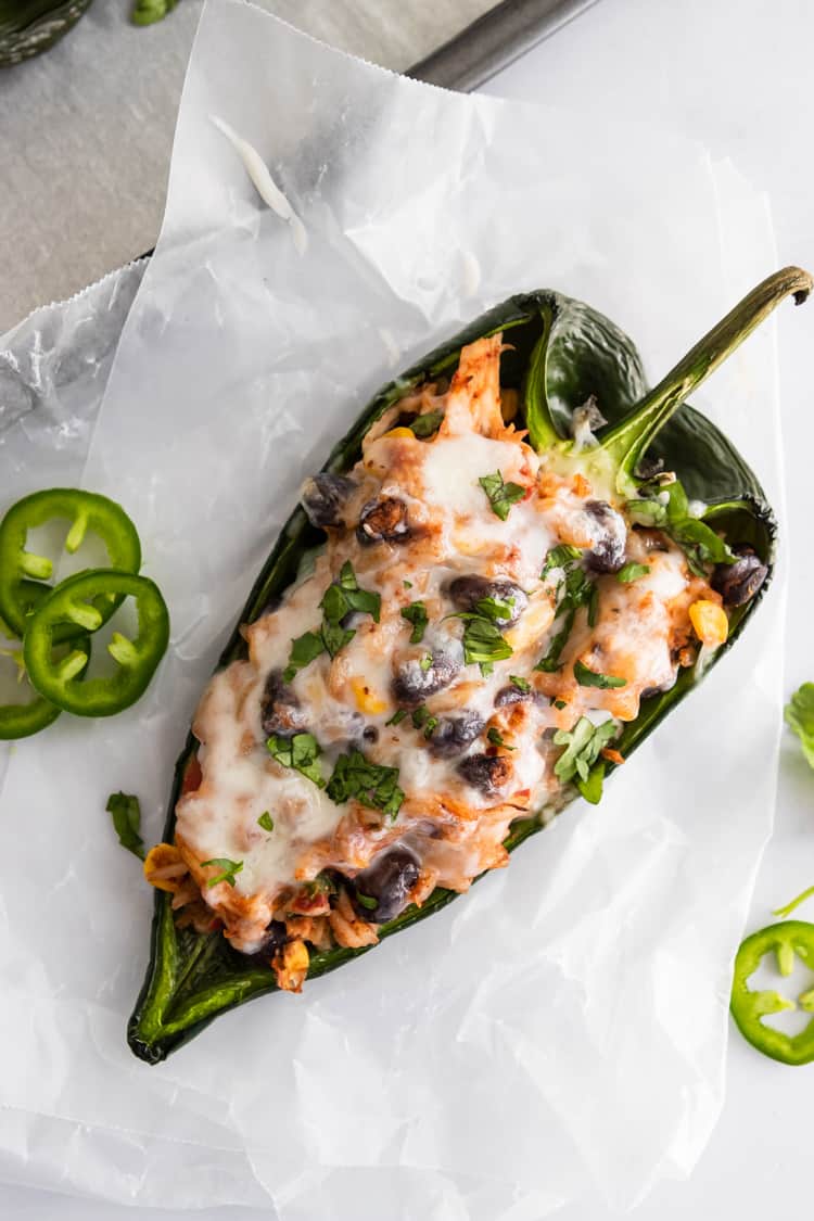 Stuffed poblano with jalapenos, black beans and melted cheese.