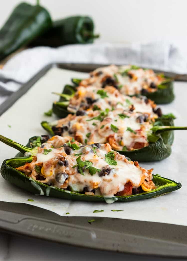 Easy Chicken Stuffed Poblano Peppers on sheet pan.