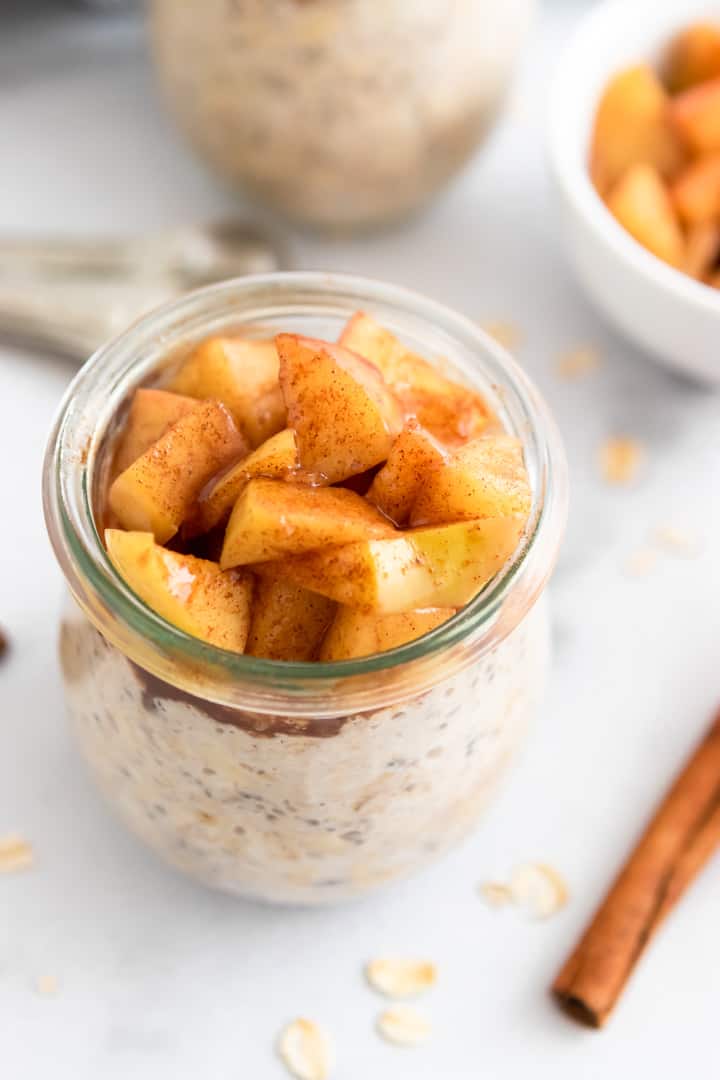 Apple Pie Overnight Oats in glass jar.