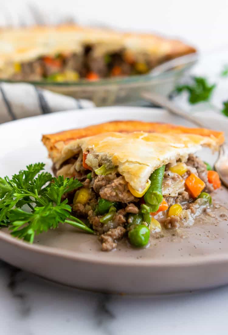 Beef Pot Pie on plate with parsley