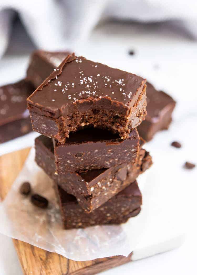 Stack of no bake mocha brownies.