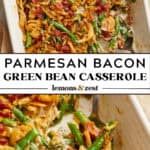 Baking pan with green bean casserole with bacon and parmesan and serving spoon.
