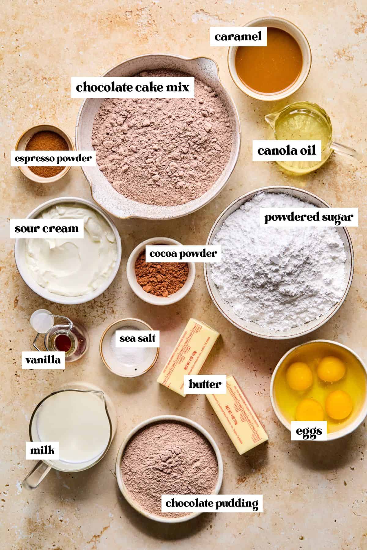Labeled ingredients needed to make recipe on surface.