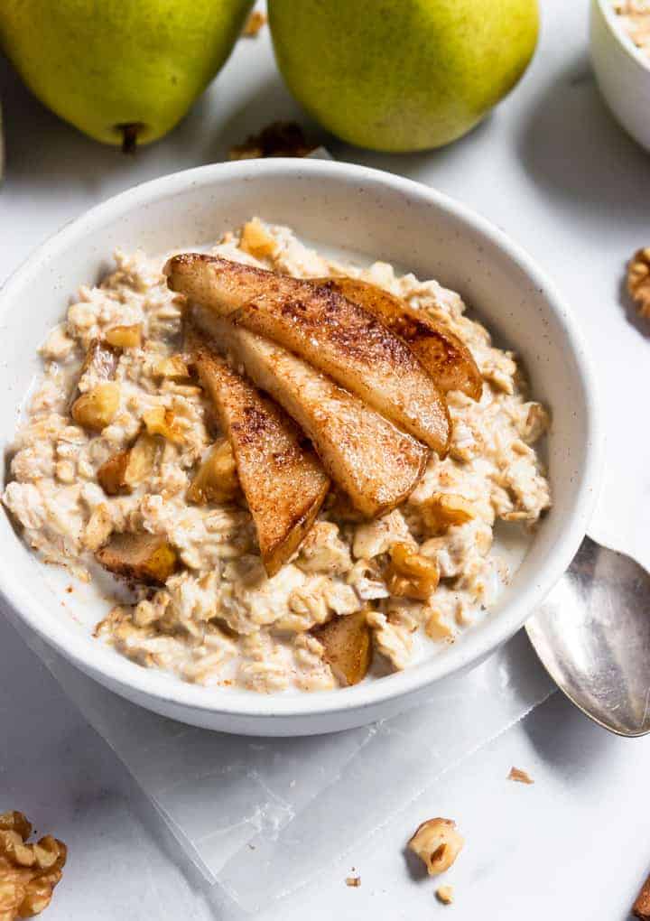 Spiced pear oatmeal with walnuts.