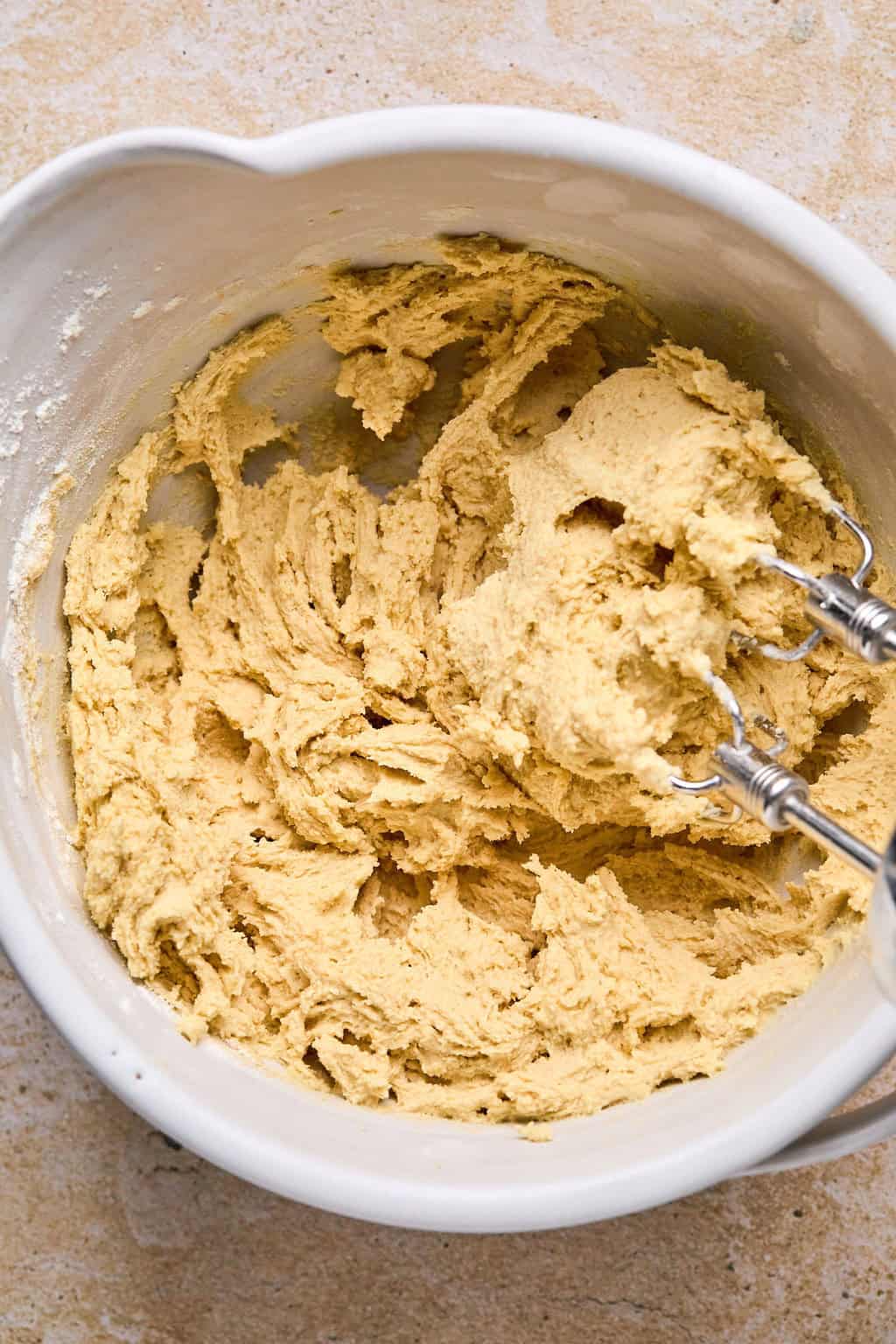 Prepared cookie dough in bowl before chocolate chips added to the mix.