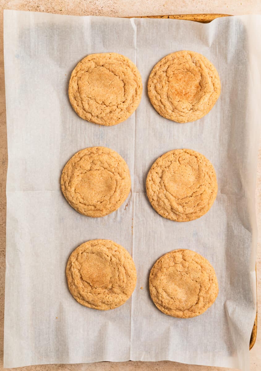 Baked caramel stuffed snickerdoodle cookies freshly baked from the oven on cookie tray.
