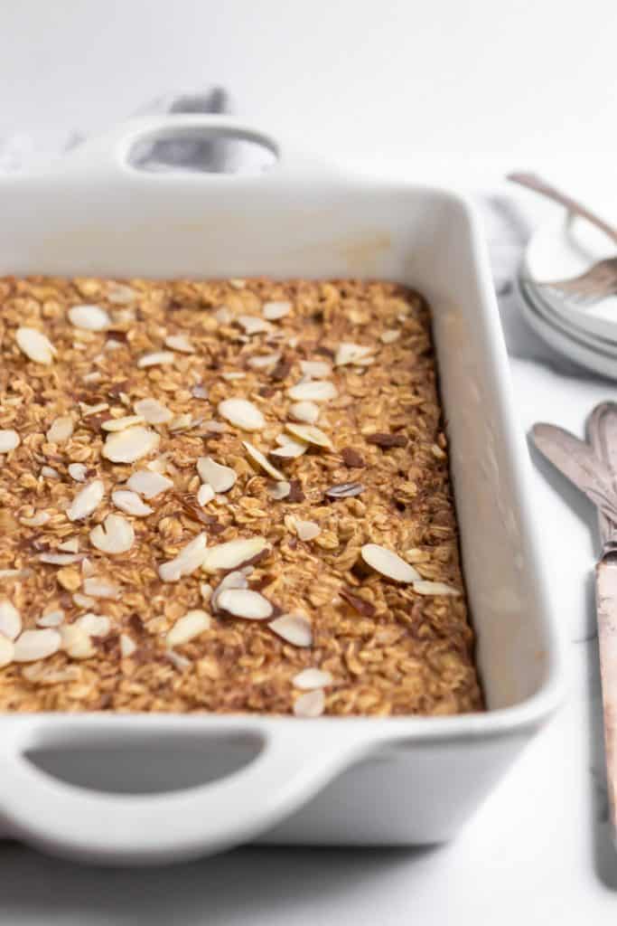 Baked oatmeal in baking pan.