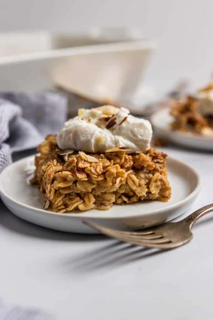 Piece of Banana Bread Baked Oatmeal on plate.