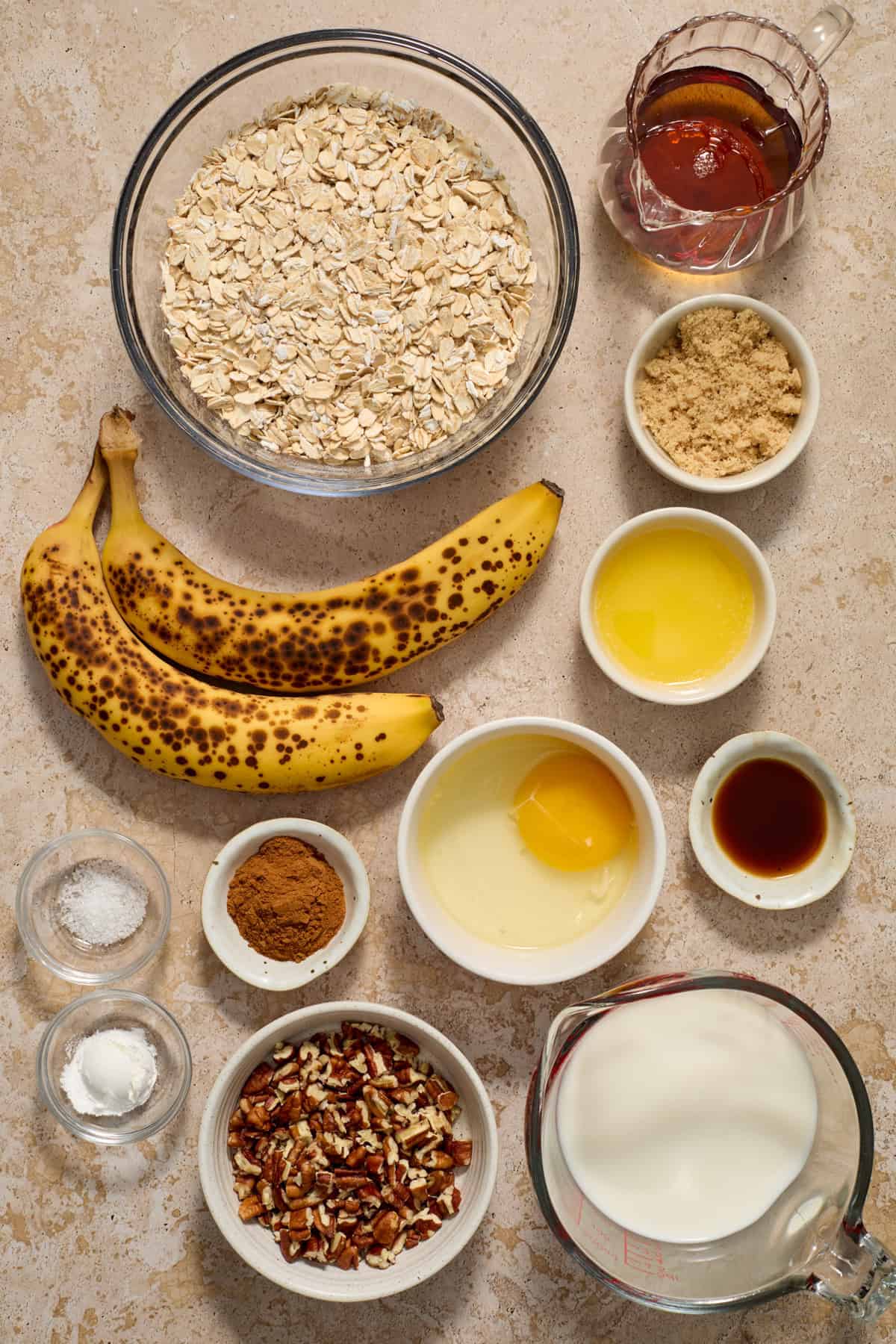 Brown bananas, egg, butter, and other ingredients needed to make recipe.