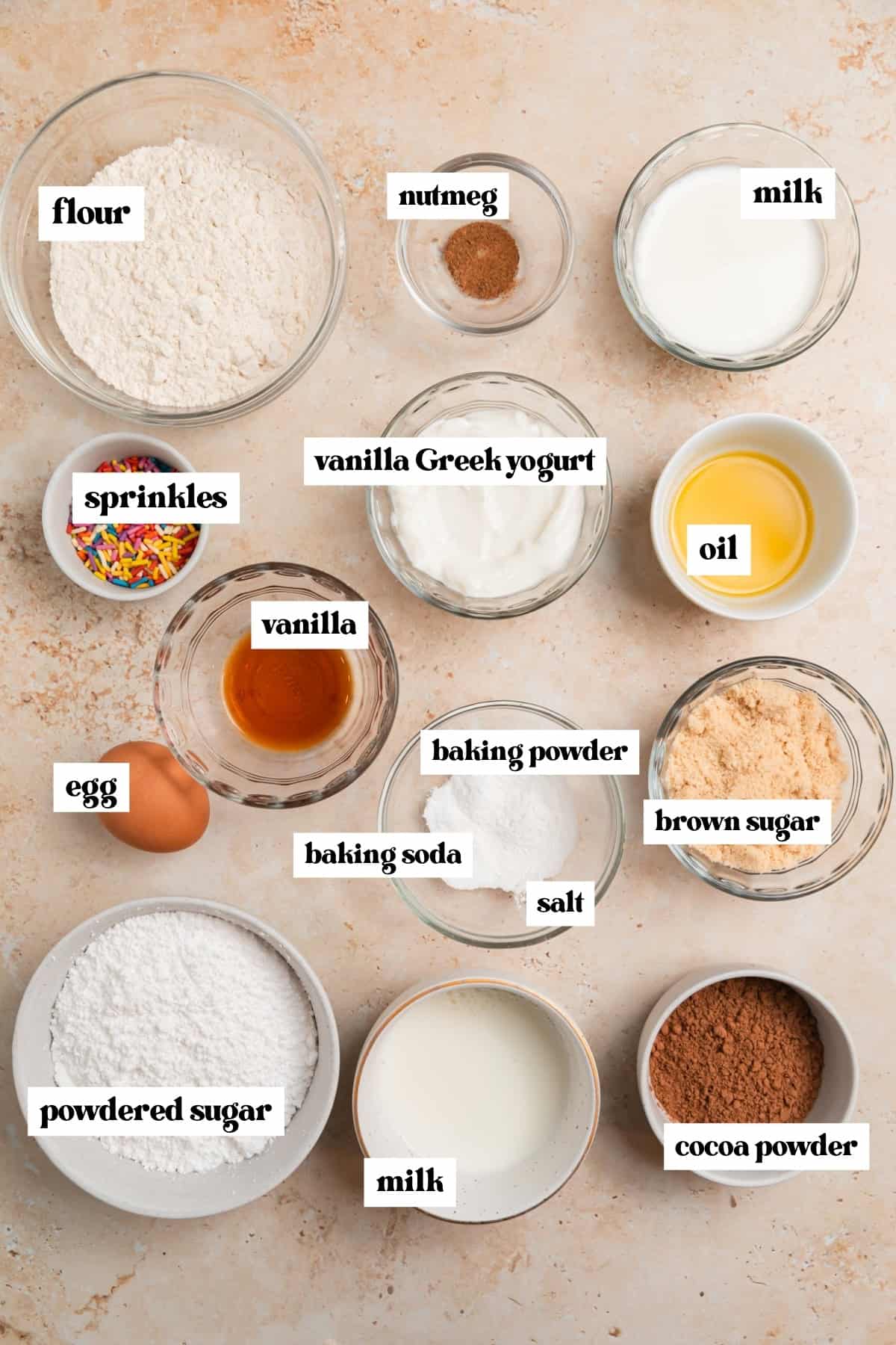 Flour, egg, brown sugar, sprinkles and other labeled ingredients.