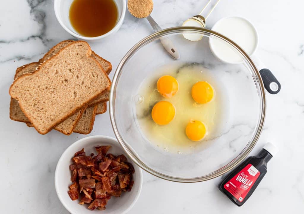 Ingredients needed to make Maple Bacon French Toast Muffins.