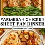 Sheet pan with parmesan crusted chicken, green beans, and potatoes and then served on plate.