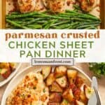 Parmesan crusted chicken sheet pan dinner on pan and then served on plate with fork and knife.