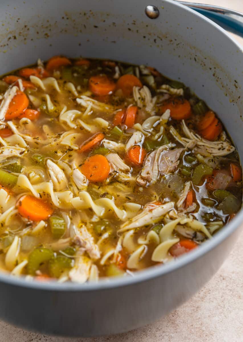 Cooked chicken noodle soup in dutch oven pot.
