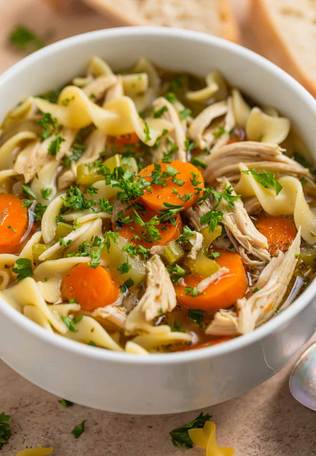 Close up view of bowl with rotisserie chicken noodle soup with chicken chunks, carrots, celery and parsley chopped on top.