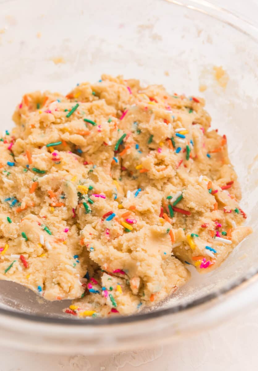 Mixing bowl with funfetti cookie dough.