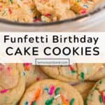 Birthday cake cookie dough in glass mixing bowl and then sprinkle filled cookies baked and laying in pile.