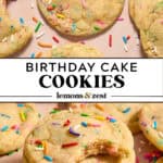 Sprinkle funfetti birthday cake cookies on surface with extra sprinkles.