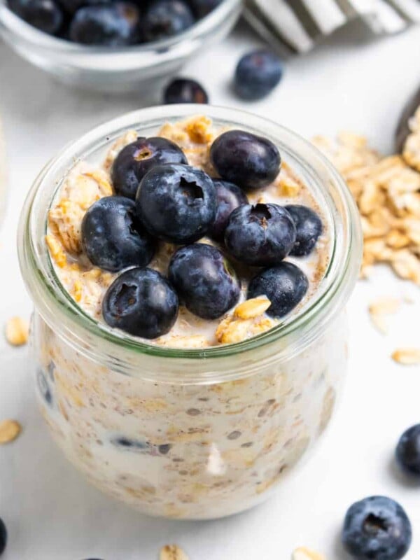 Blueberry muffin overnight oatmeal in jar.