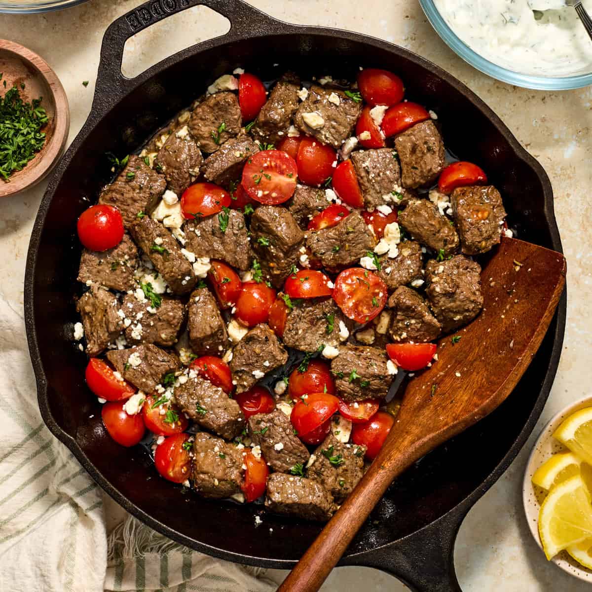 Mediterranean Steak Bites Recipe with Yogurt Sauce - Lemons & Zest