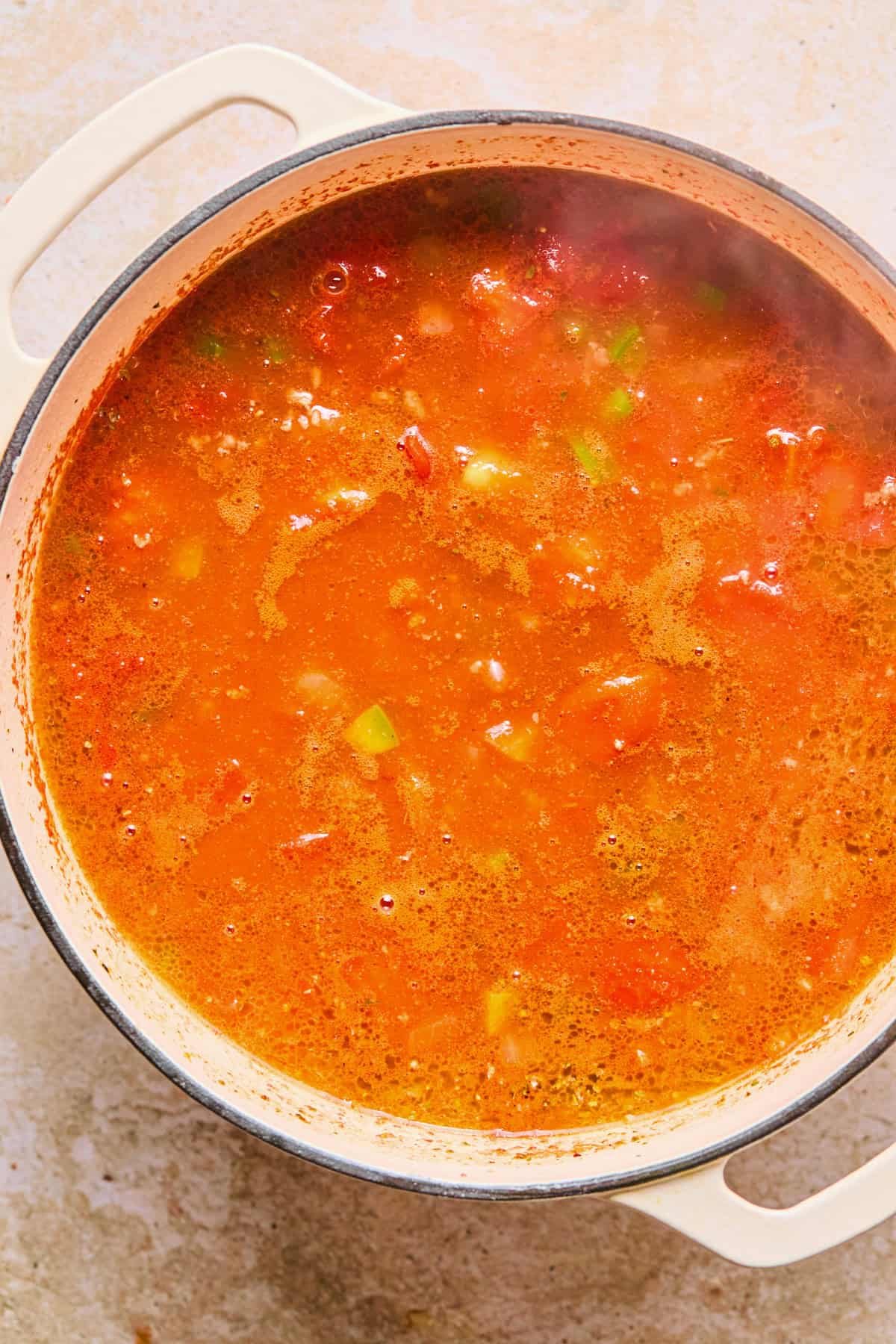 Simmering broth and spices in pot.