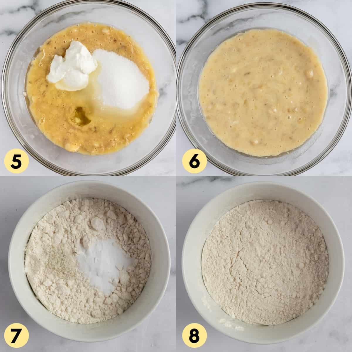 Process shots of recipe steps 5 through 8.