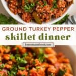 Ground turkey pepper skillet dinner in white bowl with fork overhead and then view from side.