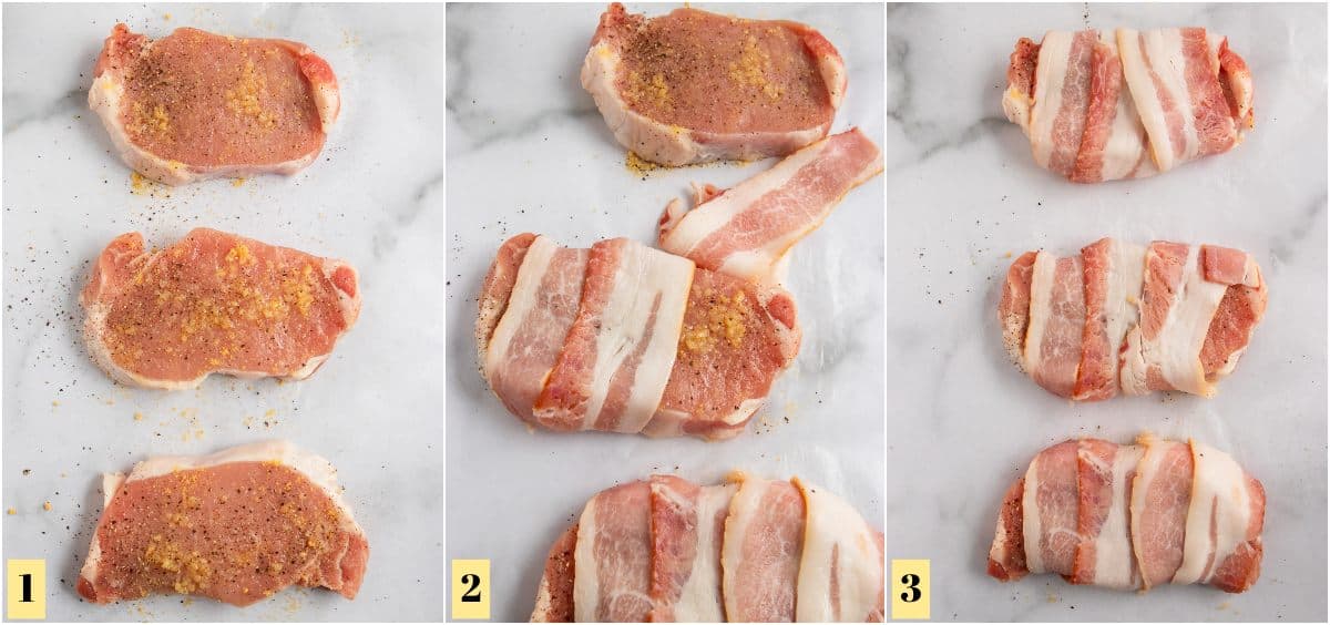 Pork chops on counter with seasoning and then wrapped in bacon slices.