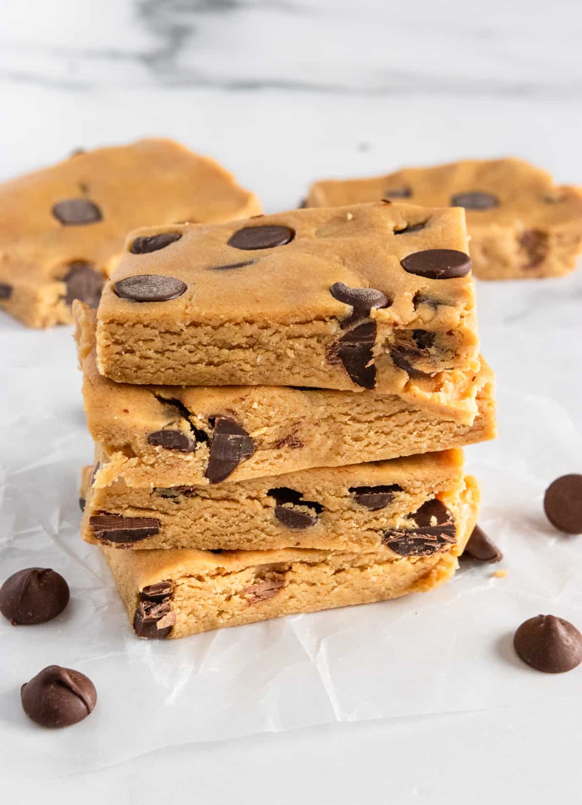 Stack of peanut butter chocolate chip homemade perfect bar recipe.