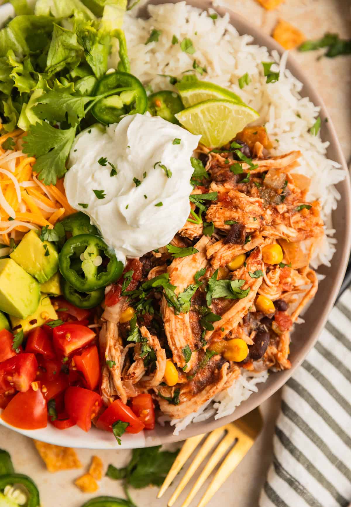 Overhead view of chicken burrito rice bowl with cilantro chopped on top.
