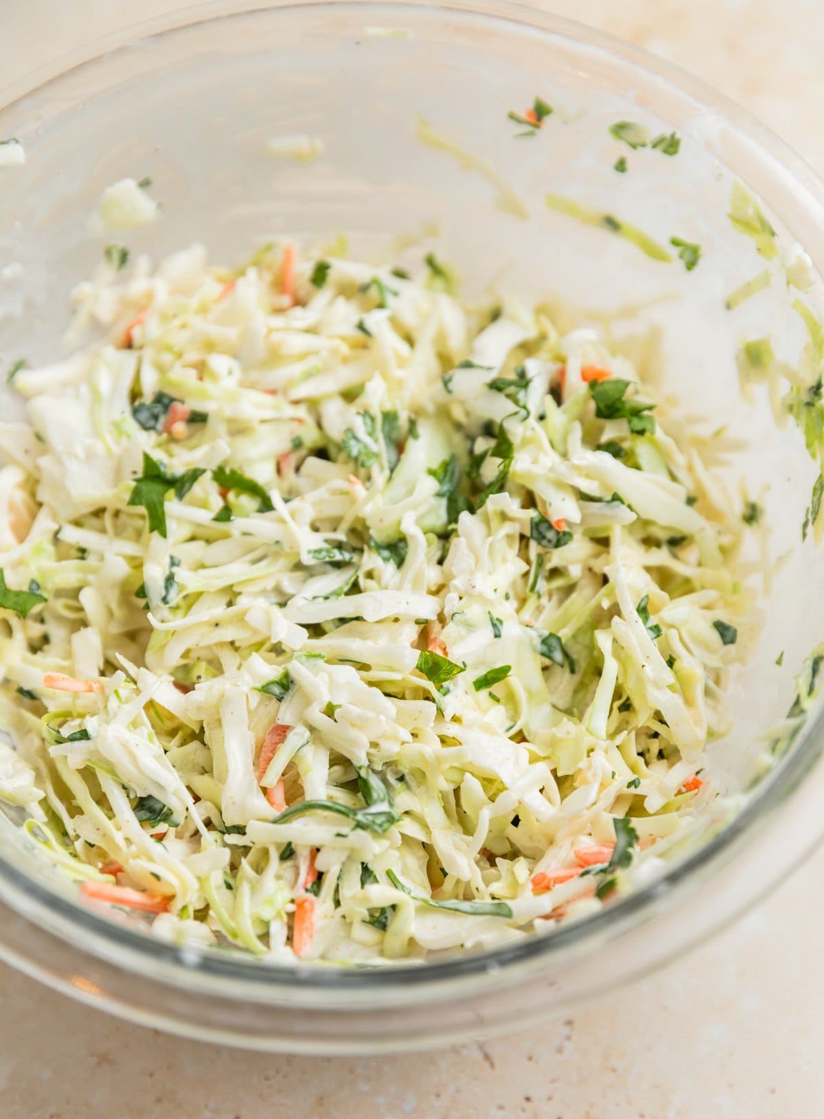 Cilantro lime slaw mixed in bowl.