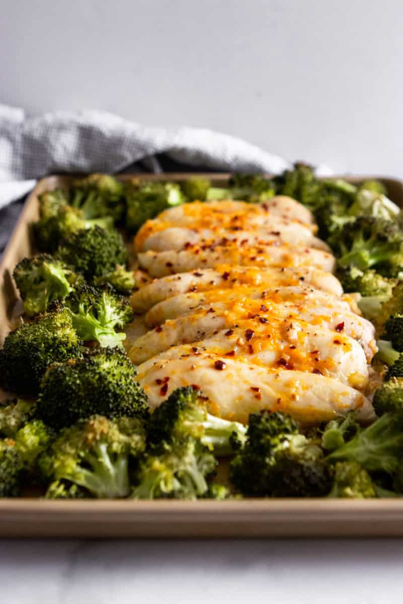 Chicken and broccoli on sheet pan.