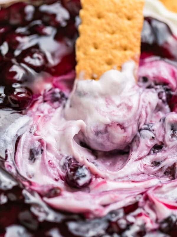 Graham cracker dipped into cheesecake dip topped with blueberries.