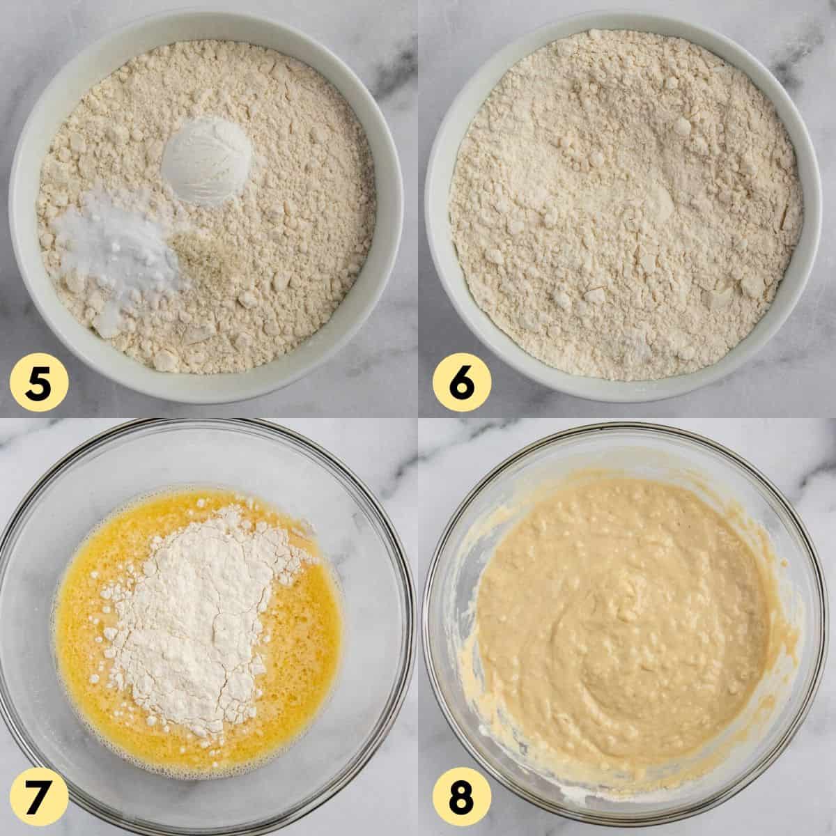 Mixing bowl with dry ingredients stirred together and then added to wet ingredients.