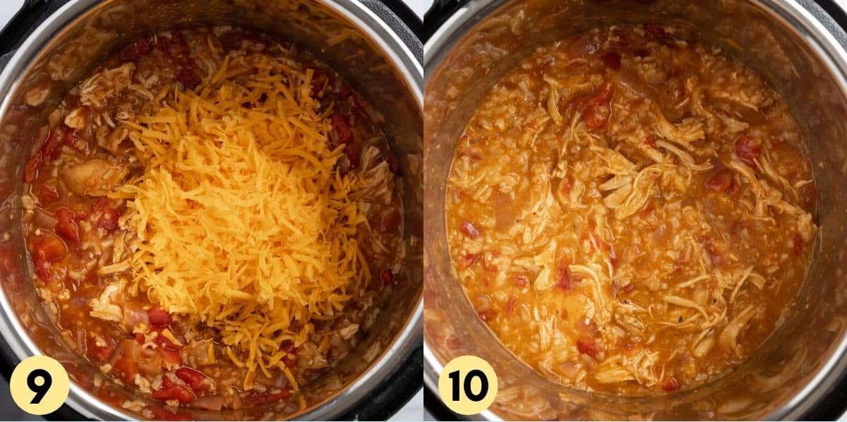 Cooked shredded chicken with cheese added in.