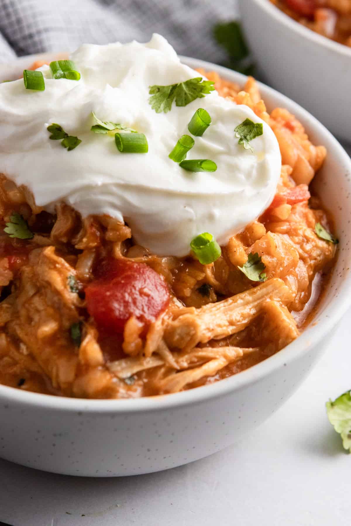 Instant Pot Chicken and rice in bowl topped with sour cream and green onion.