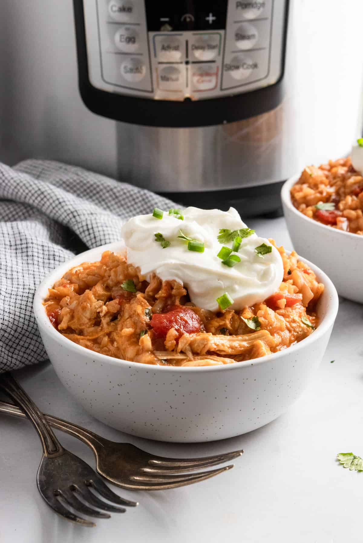 Cheesy Instant Pot chicken and rice with sour cream in front of instant pot.