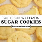 Lemon sugar cookies on surface and then stacked in second image.