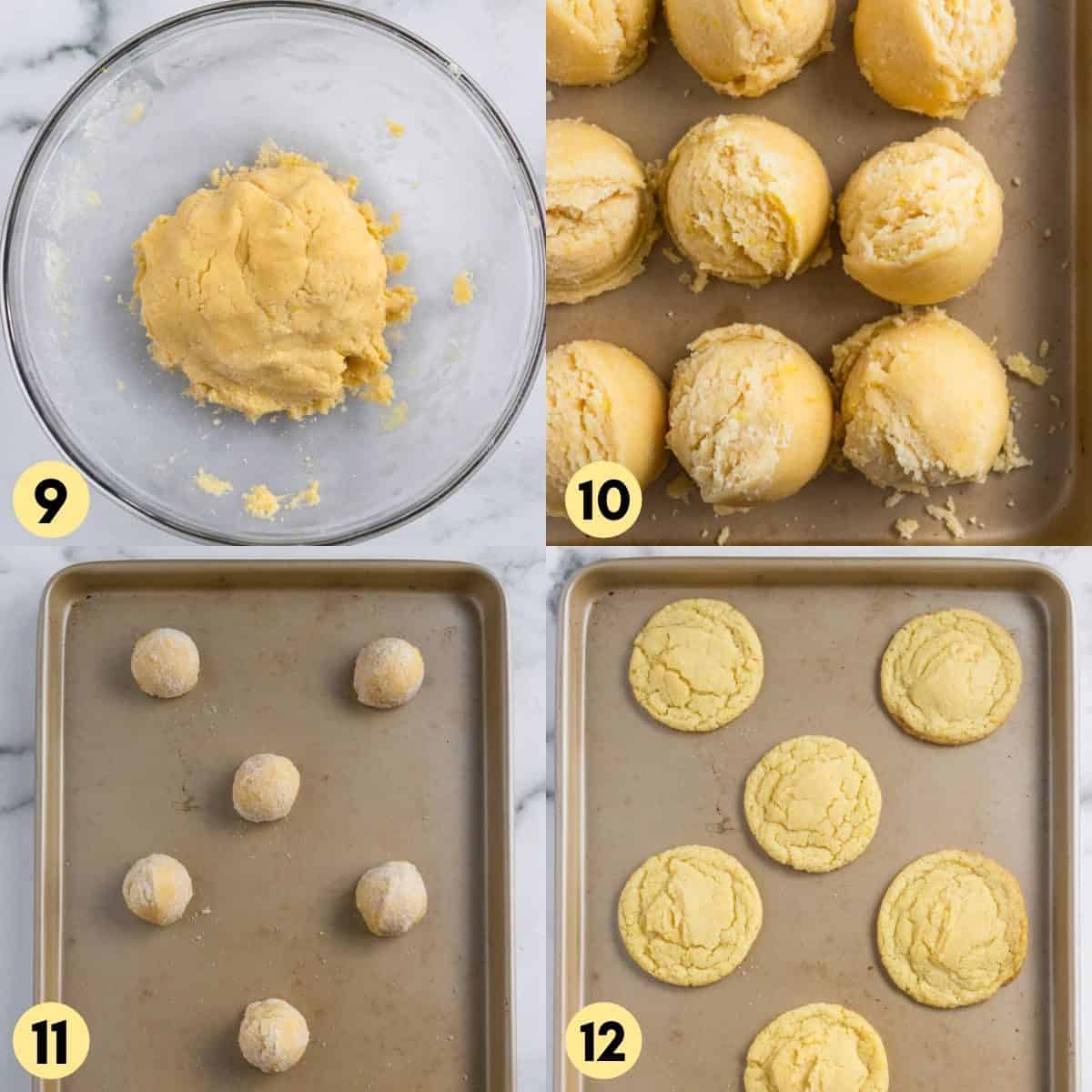 Sugar cookie dough in bowl, scooped on baking sheet and cooked.