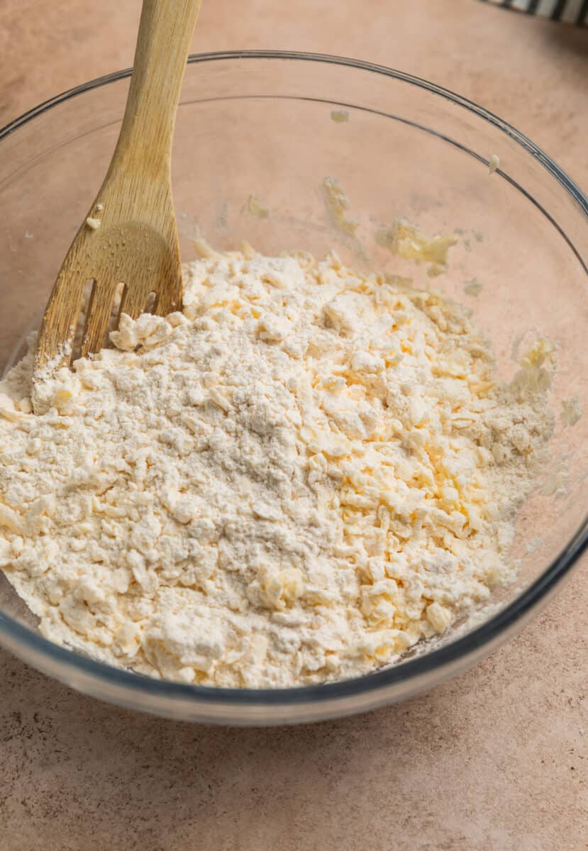 Grated butter combined with flour and dry ingredients.