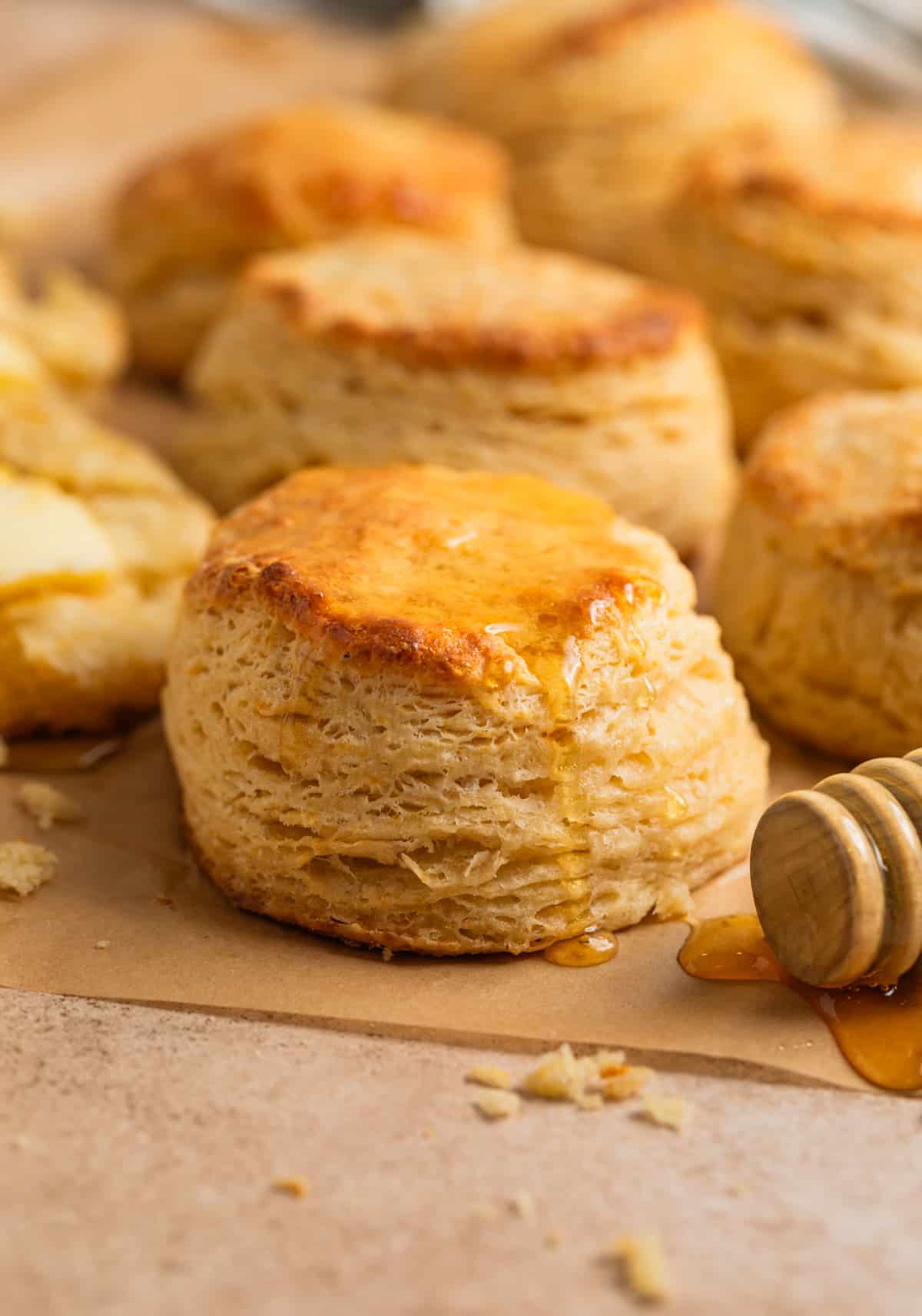 Honey biscuits lined on parchment with drizzle of honey.