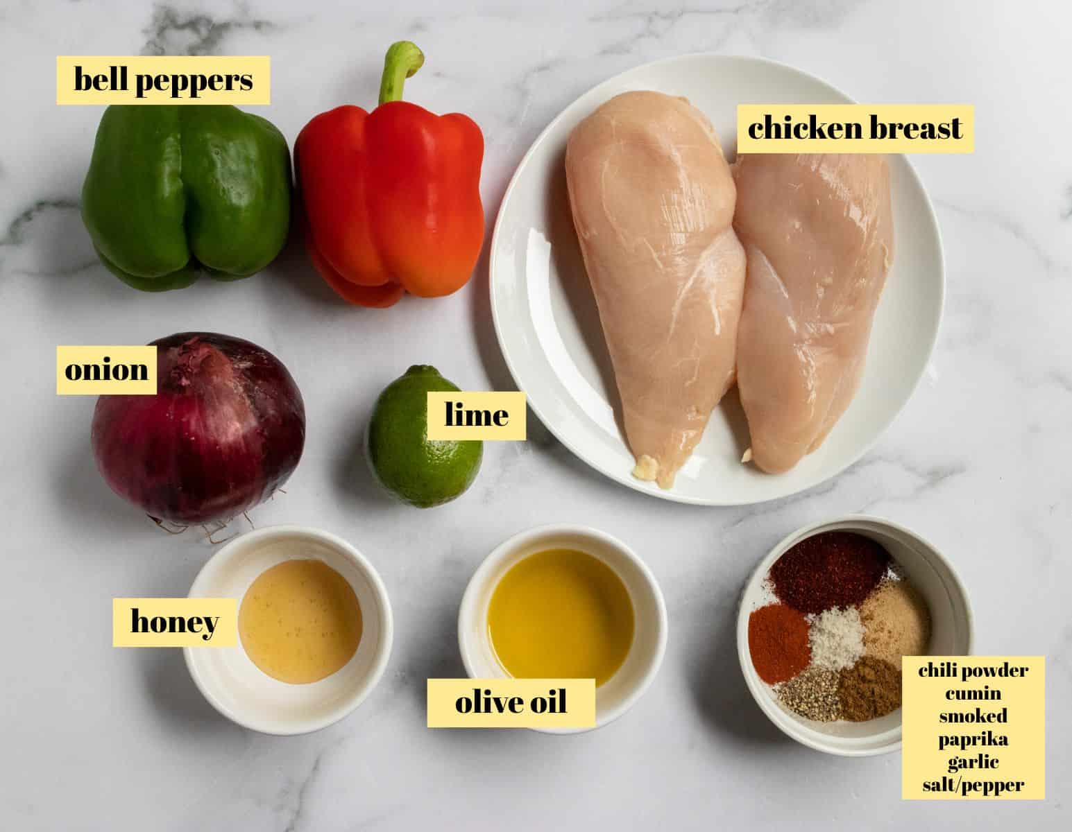 Ingredients to make honey lime fajitas.