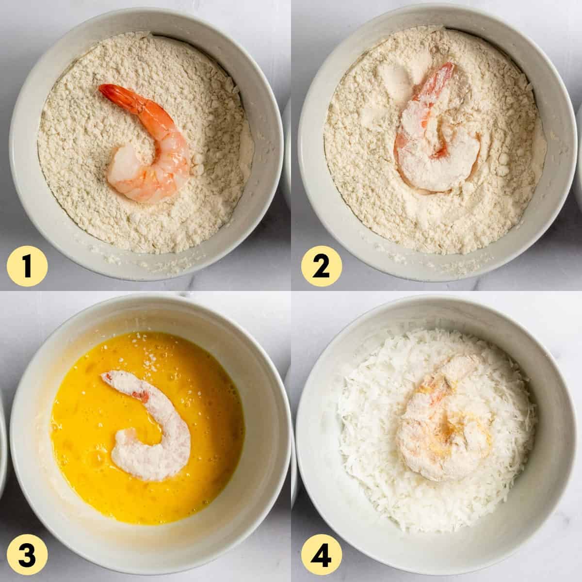 Shrimp in bowl of flour, egg, and coconut.