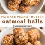 Bite sized peanut butter oatmeal balls in white bowl with chocolate chips.